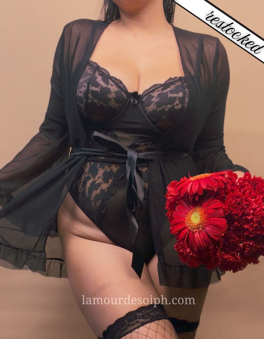 Valentina Bodysuit Robe Set w/fishnet thigh high stockings